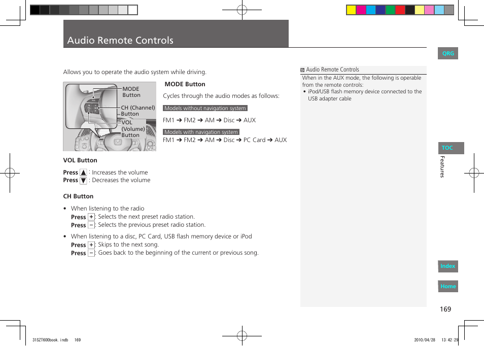 P.169, Audio remote controls | HONDA 2011 CR-Z - Owner's Manual User Manual | Page 170 / 332