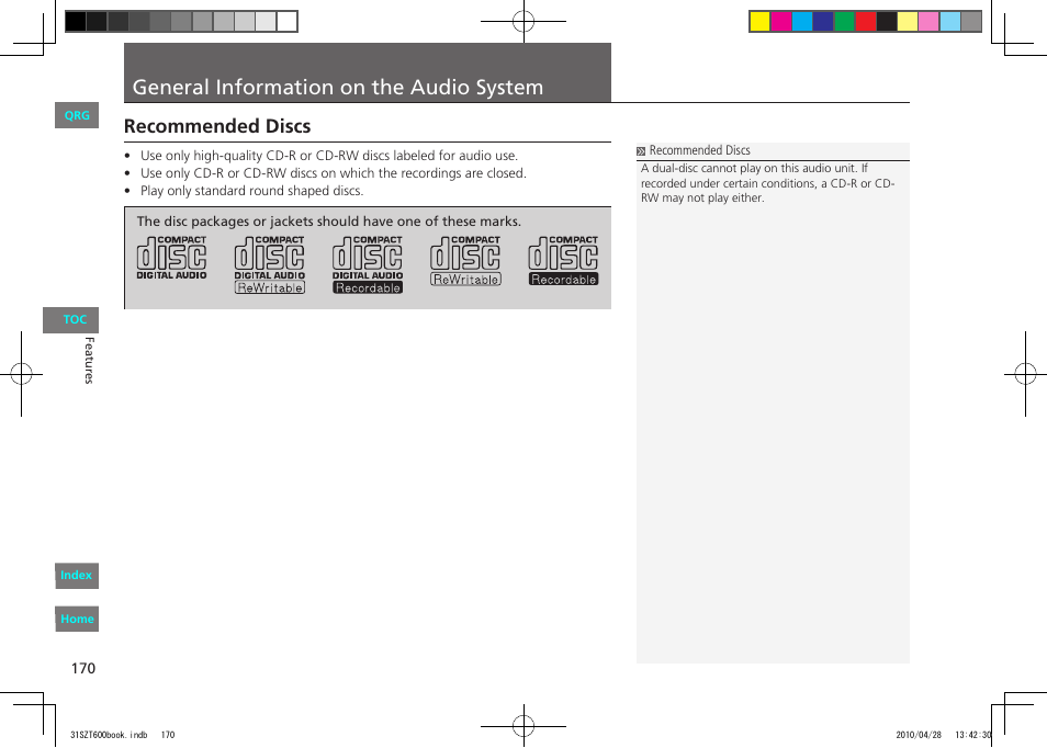 General information on the audio system, Recommended discs | HONDA 2011 CR-Z - Owner's Manual User Manual | Page 171 / 332