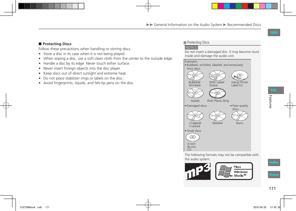 Protecting discs, P.171 | HONDA 2011 CR-Z - Owner's Manual User Manual | Page 172 / 332