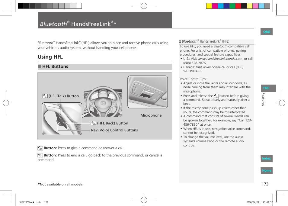 P.173, Bluetooth, Handsfreelink | Using hfl, Hfl buttons | HONDA 2011 CR-Z - Owner's Manual User Manual | Page 174 / 332
