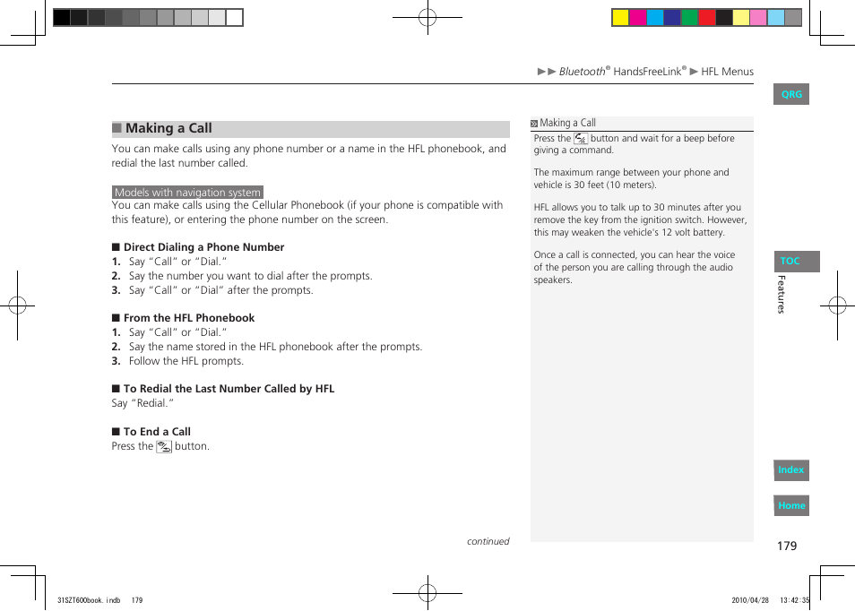Making a call | HONDA 2011 CR-Z - Owner's Manual User Manual | Page 180 / 332