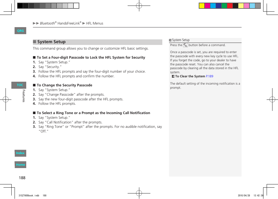 System setup | HONDA 2011 CR-Z - Owner's Manual User Manual | Page 189 / 332