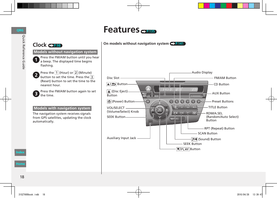 Features, Clock | HONDA 2011 CR-Z - Owner's Manual User Manual | Page 19 / 332