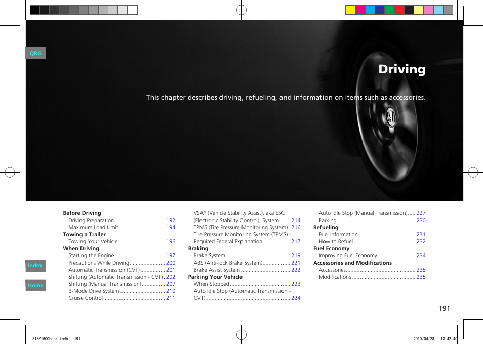 P.191, Driving | HONDA 2011 CR-Z - Owner's Manual User Manual | Page 192 / 332