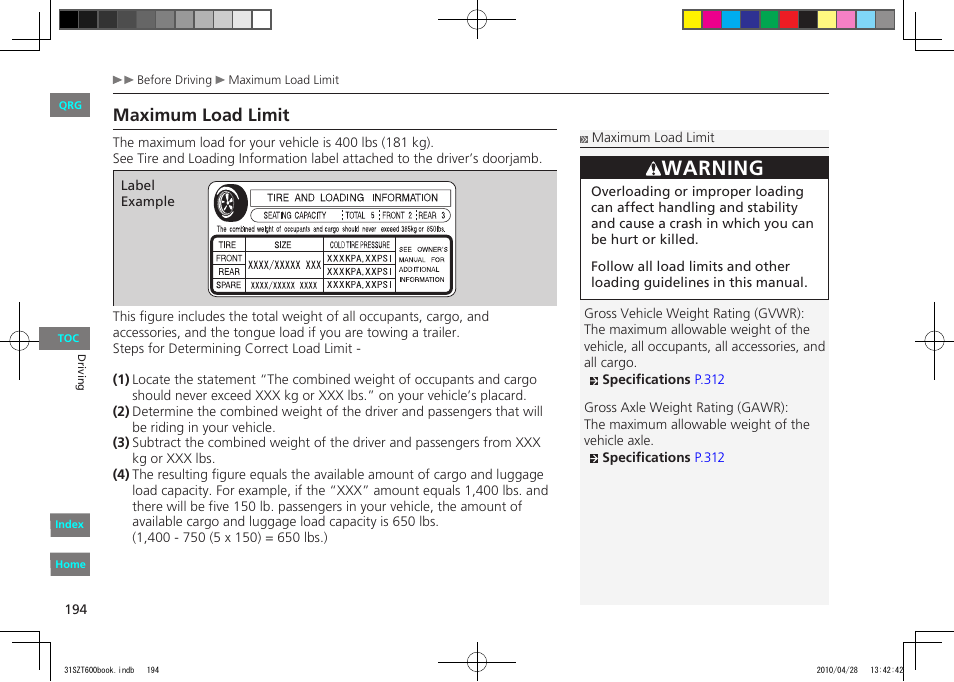 Maximum load limit, P.194, Warning | HONDA 2011 CR-Z - Owner's Manual User Manual | Page 195 / 332