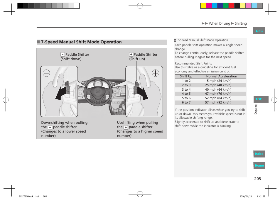 Speed manual shift mode operation | HONDA 2011 CR-Z - Owner's Manual User Manual | Page 206 / 332