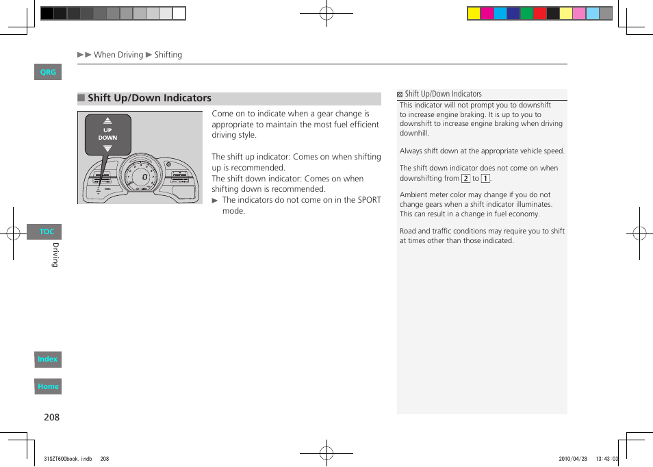 Shift up/down indicators, P.208 | HONDA 2011 CR-Z - Owner's Manual User Manual | Page 209 / 332