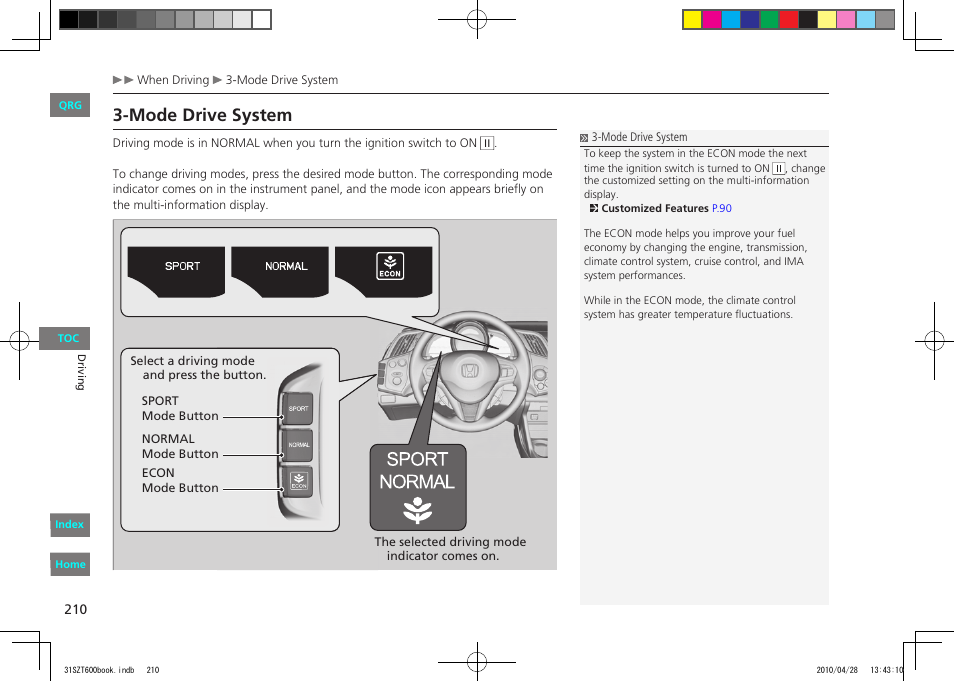 P.210, Mode drive system | HONDA 2011 CR-Z - Owner's Manual User Manual | Page 211 / 332