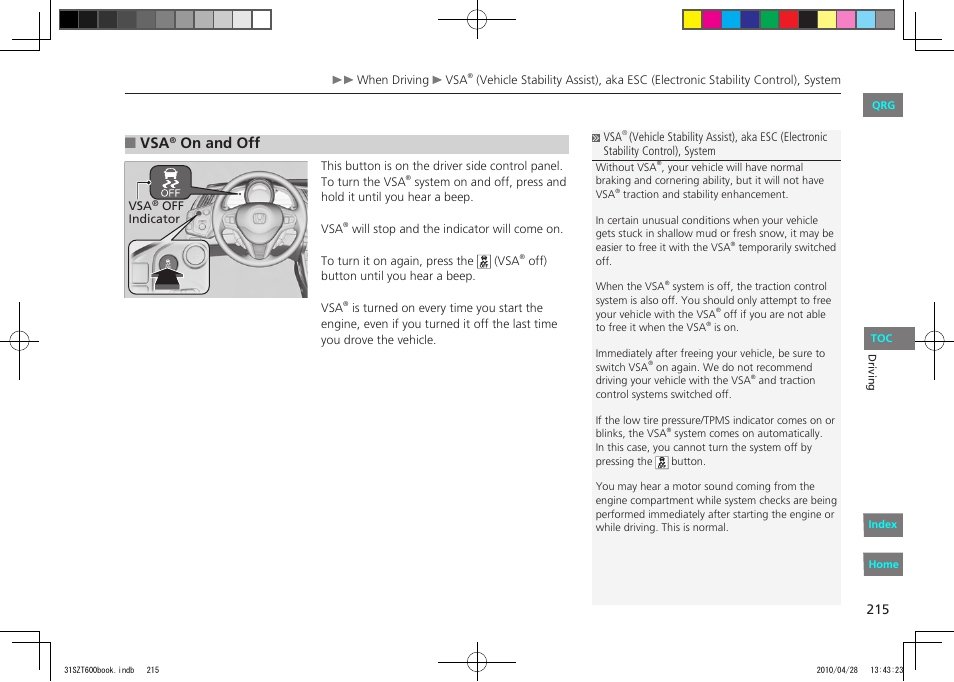 P.215, System, On and off | HONDA 2011 CR-Z - Owner's Manual User Manual | Page 216 / 332