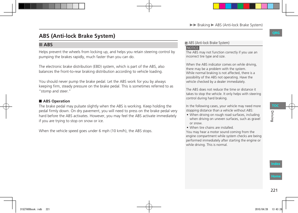 Abs (anti-lock brake system), P.221 | HONDA 2011 CR-Z - Owner's Manual User Manual | Page 222 / 332