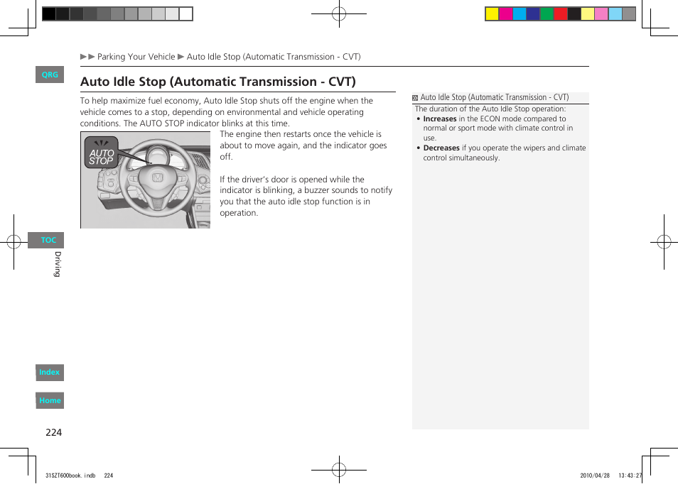 Auto idle stop, P.224, 227, Auto idle stop (automatic transmission - cvt) | HONDA 2011 CR-Z - Owner's Manual User Manual | Page 225 / 332