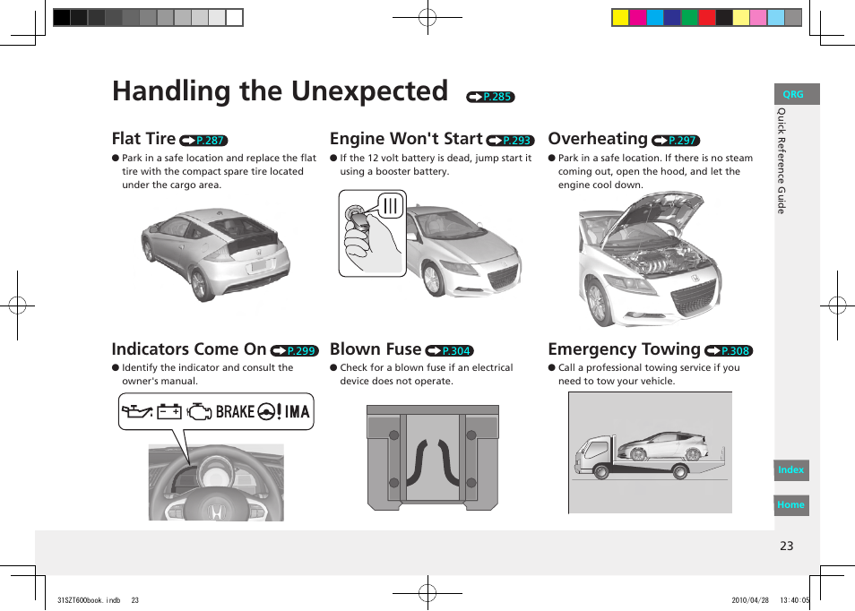 Handling the unexpected, Flat tire, Engine won't start | Overheating, Indicators come on, Blown fuse, Emergency towing | HONDA 2011 CR-Z - Owner's Manual User Manual | Page 24 / 332