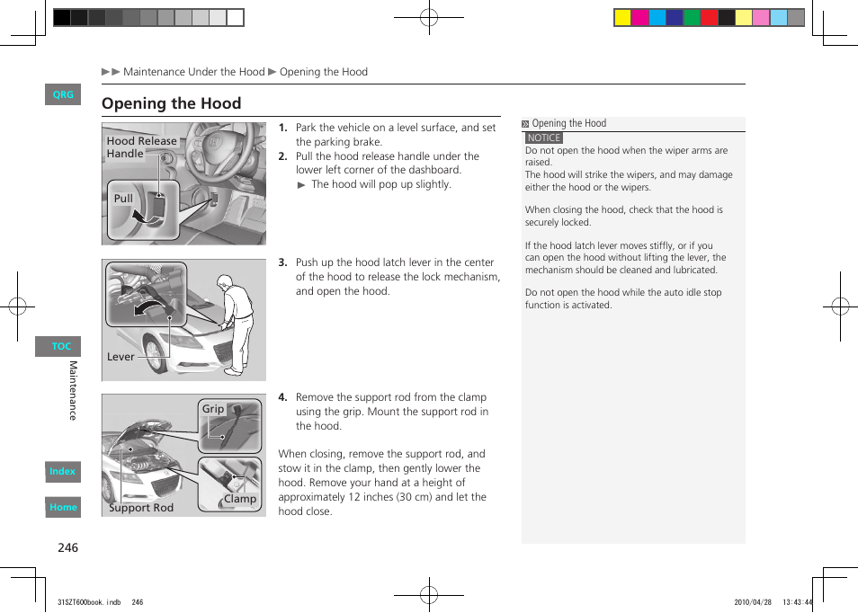 P.246, Opening the hood | HONDA 2011 CR-Z - Owner's Manual User Manual | Page 247 / 332
