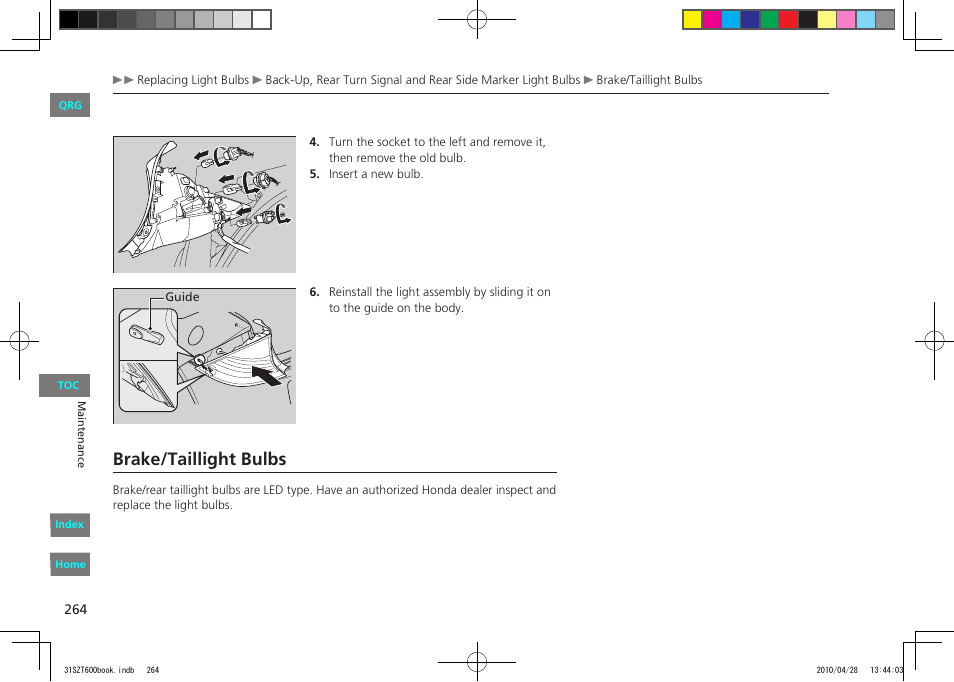 P.264, Brake/taillight bulbs | HONDA 2011 CR-Z - Owner's Manual User Manual | Page 265 / 332