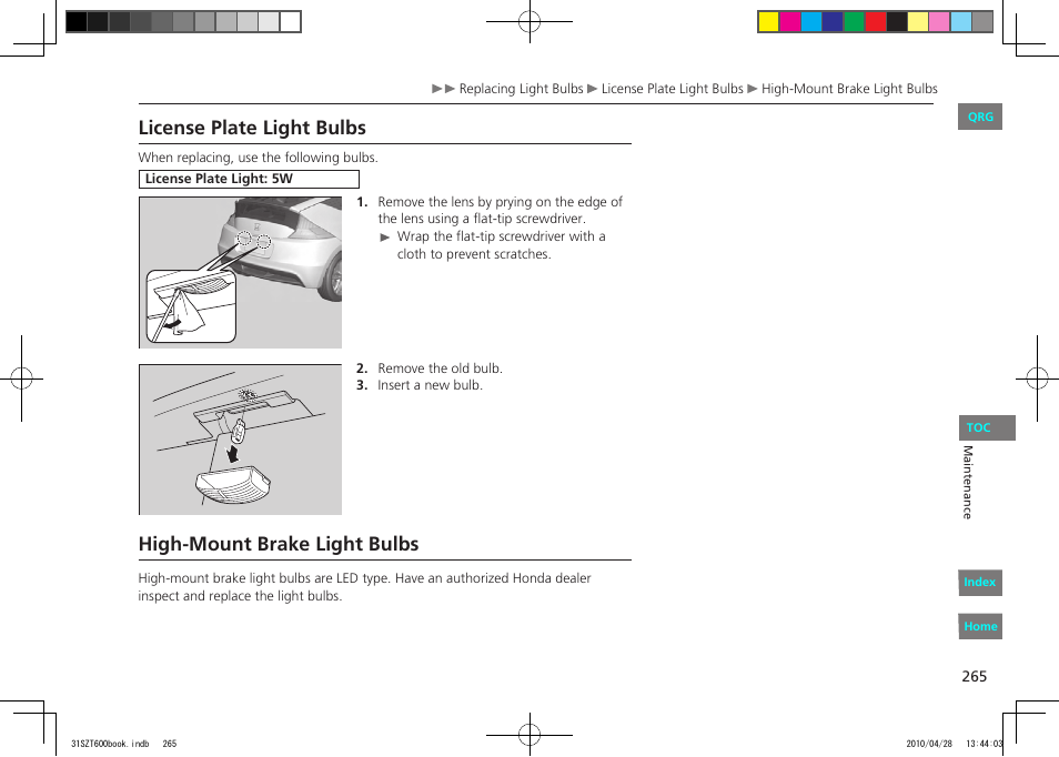 P.265, License plate light bulbs, High-mount brake light bulbs | HONDA 2011 CR-Z - Owner's Manual User Manual | Page 266 / 332