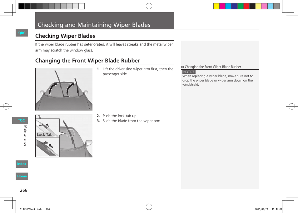 P.266, Checking and maintaining wiper blades, Checking wiper blades | Changing the front wiper blade rubber | HONDA 2011 CR-Z - Owner's Manual User Manual | Page 267 / 332