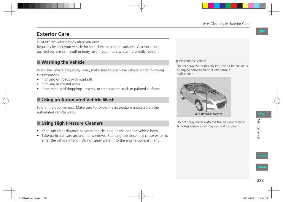 Exterior care | HONDA 2011 CR-Z - Owner's Manual User Manual | Page 284 / 332