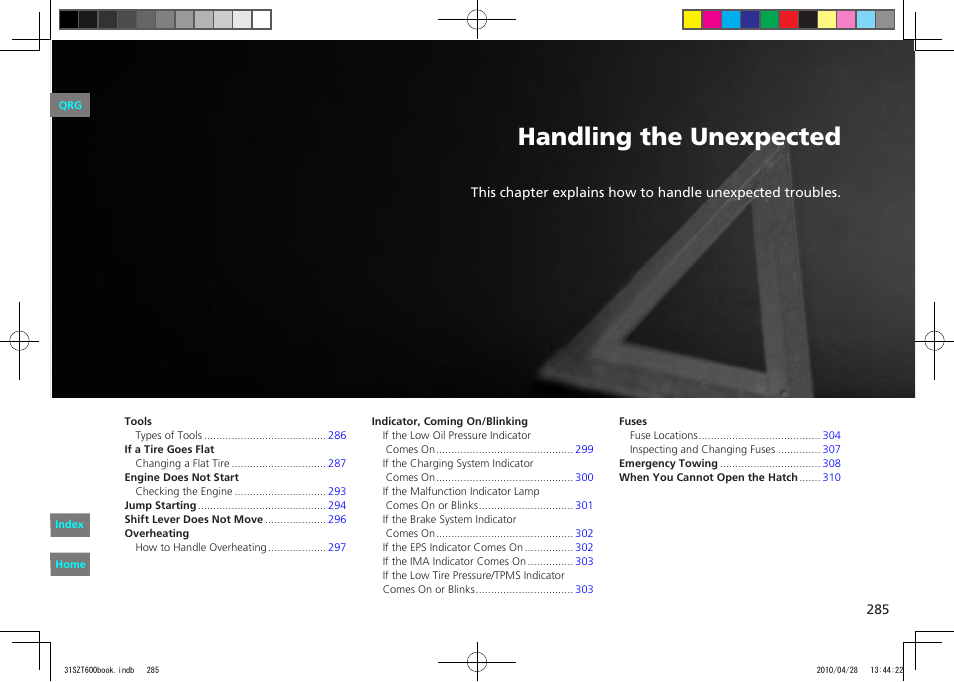 P.285, Handling the unexpected | HONDA 2011 CR-Z - Owner's Manual User Manual | Page 286 / 332