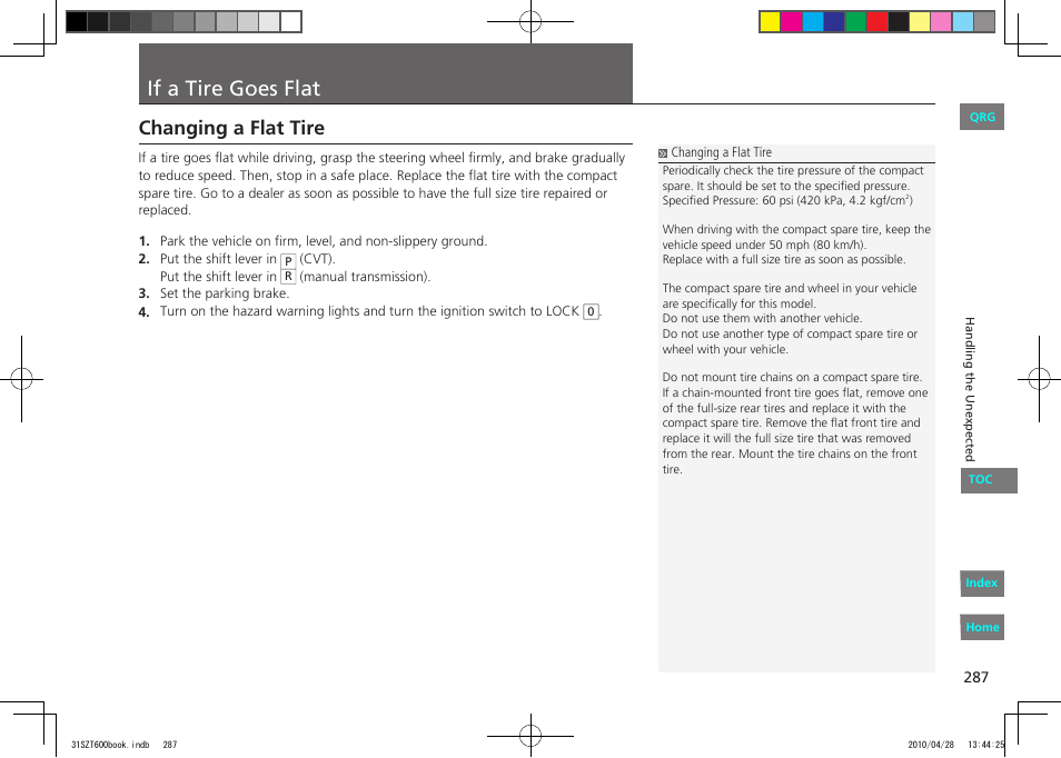 P.287, If a tire goes flat, Changing a flat tire | HONDA 2011 CR-Z - Owner's Manual User Manual | Page 288 / 332