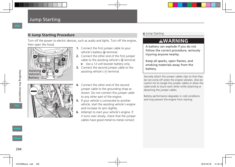 Jump starting, P.294, Warning | HONDA 2011 CR-Z - Owner's Manual User Manual | Page 295 / 332