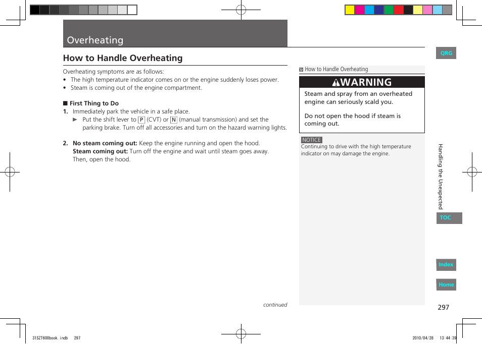 P.297, Overheating, Warning | How to handle overheating | HONDA 2011 CR-Z - Owner's Manual User Manual | Page 298 / 332