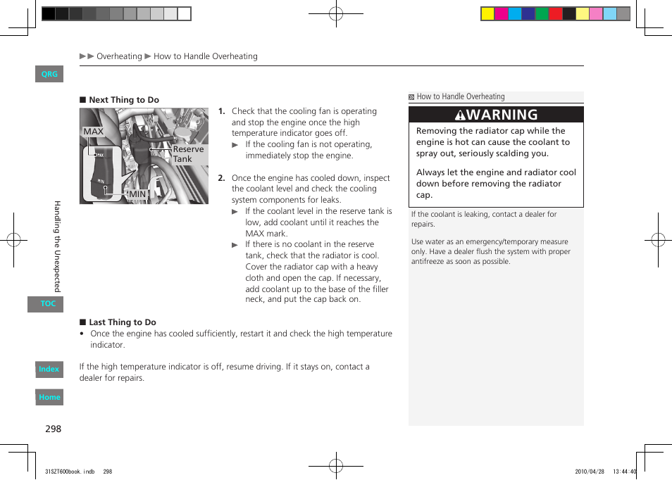 Warning | HONDA 2011 CR-Z - Owner's Manual User Manual | Page 299 / 332