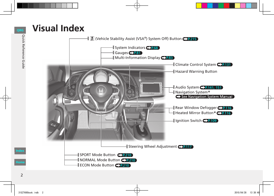 Visual index | HONDA 2011 CR-Z - Owner's Manual User Manual | Page 3 / 332
