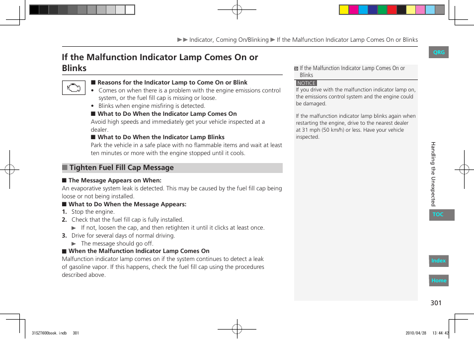 Comes on or blinking, P.301, Tighten the fuel fill cap | HONDA 2011 CR-Z - Owner's Manual User Manual | Page 302 / 332