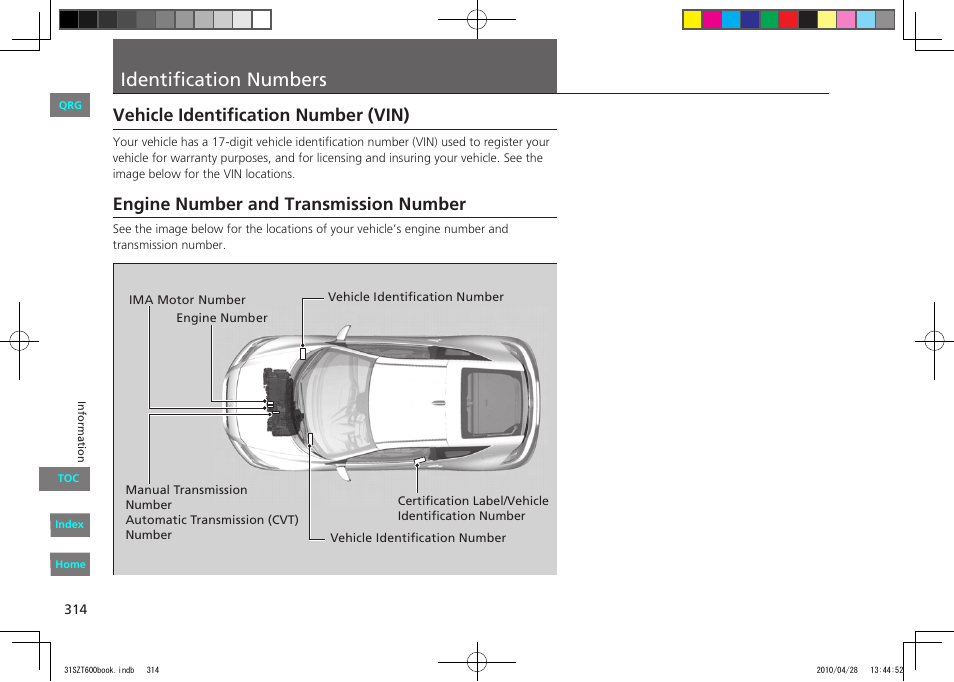 Identification numbers, Vehicle identification number (vin), Engine number and transmission number | HONDA 2011 CR-Z - Owner's Manual User Manual | Page 315 / 332