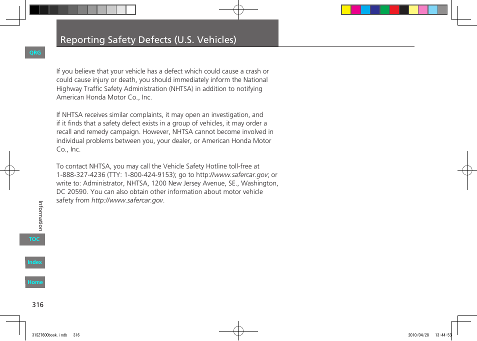 Reporting safety defects (u.s. vehicles) | HONDA 2011 CR-Z - Owner's Manual User Manual | Page 317 / 332