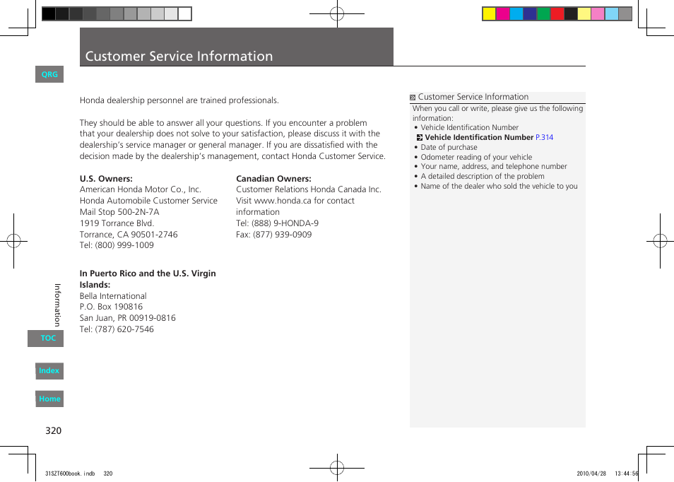 Customer service information | HONDA 2011 CR-Z - Owner's Manual User Manual | Page 321 / 332