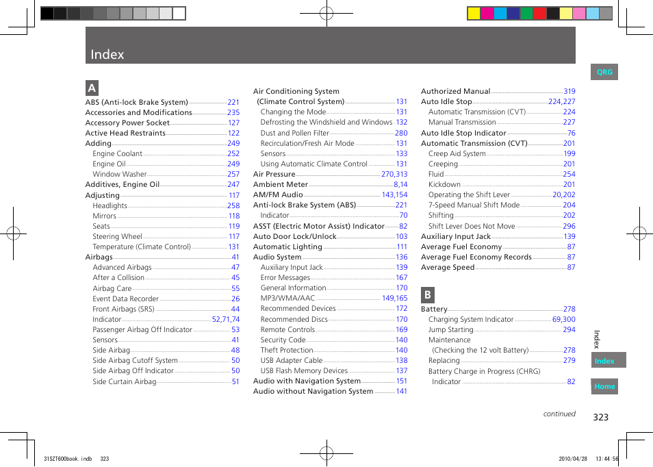 Index | HONDA 2011 CR-Z - Owner's Manual User Manual | Page 324 / 332