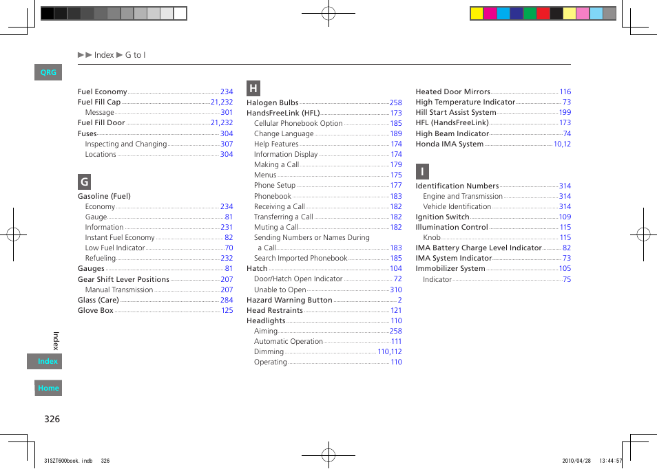HONDA 2011 CR-Z - Owner's Manual User Manual | Page 327 / 332