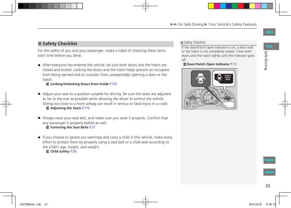 Safety checklist | HONDA 2011 CR-Z - Owner's Manual User Manual | Page 34 / 332