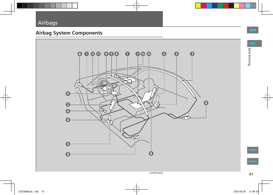 P.41, Airbags, Airbag system components | HONDA 2011 CR-Z - Owner's Manual User Manual | Page 42 / 332