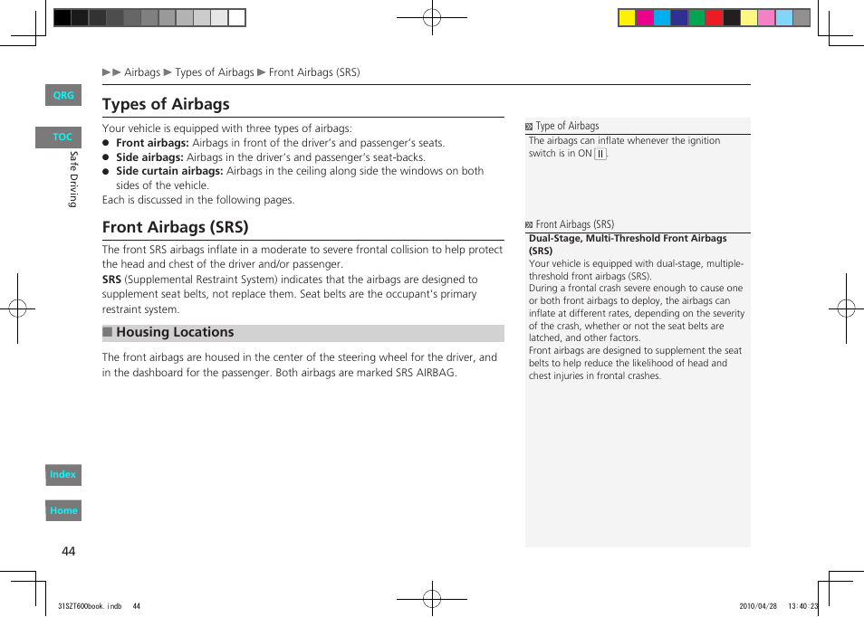 P.44, Types of airbags, Front airbags (srs) | Housing locations | HONDA 2011 CR-Z - Owner's Manual User Manual | Page 45 / 332