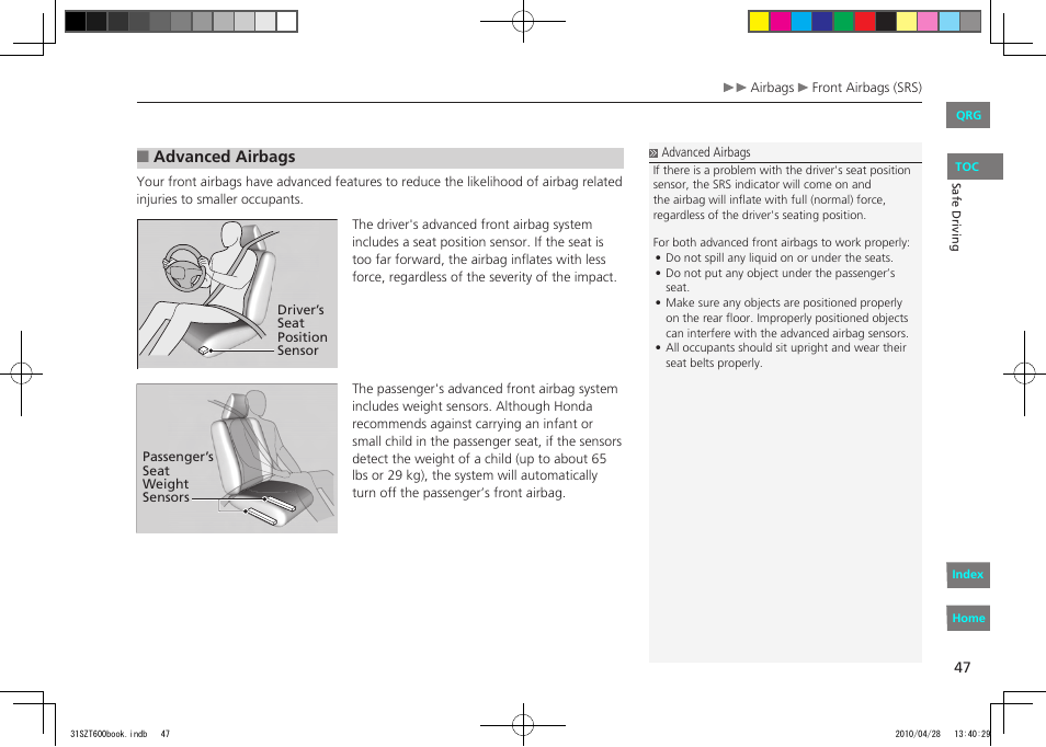 Advanced airbags | HONDA 2011 CR-Z - Owner's Manual User Manual | Page 48 / 332