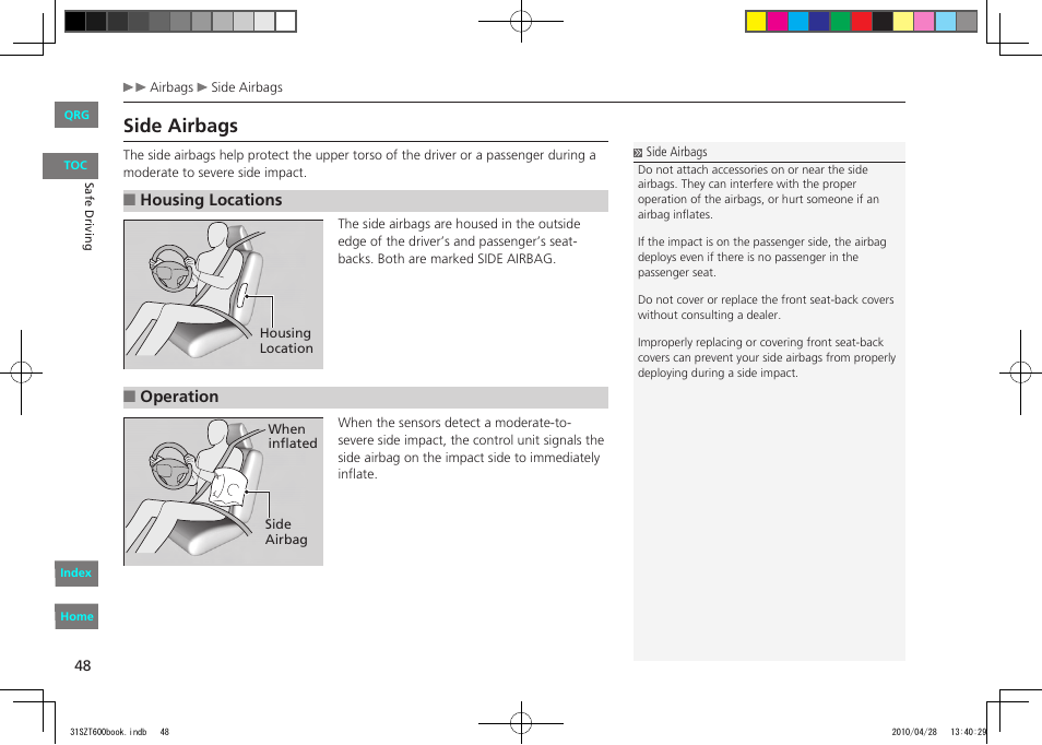 P.48, Side airbags | HONDA 2011 CR-Z - Owner's Manual User Manual | Page 49 / 332