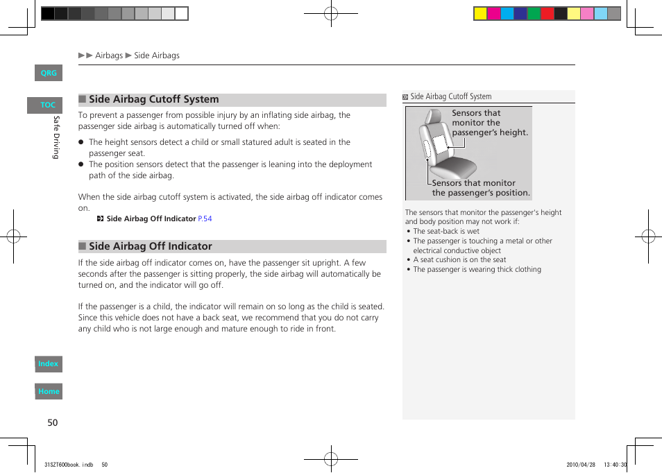 Side airbag cutoff system, Side airbag off indicator | HONDA 2011 CR-Z - Owner's Manual User Manual | Page 51 / 332