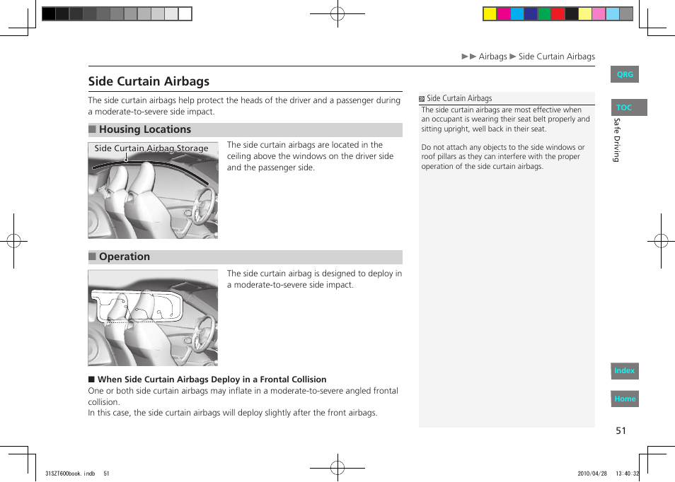 P.51, Side curtain airbags | HONDA 2011 CR-Z - Owner's Manual User Manual | Page 52 / 332