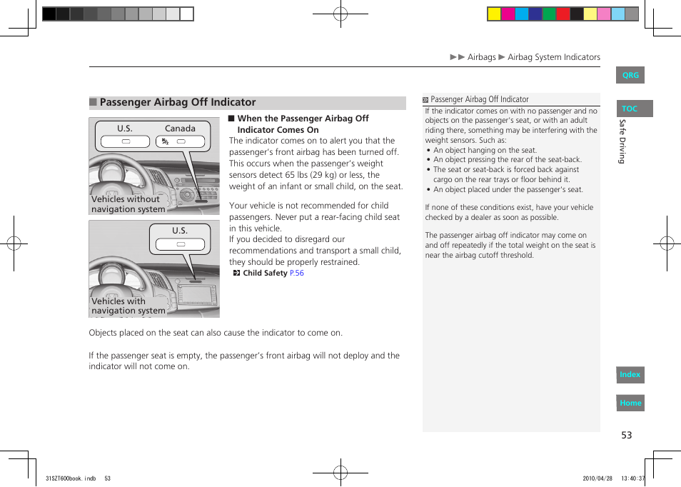 Passenger airbag off indicator | HONDA 2011 CR-Z - Owner's Manual User Manual | Page 54 / 332