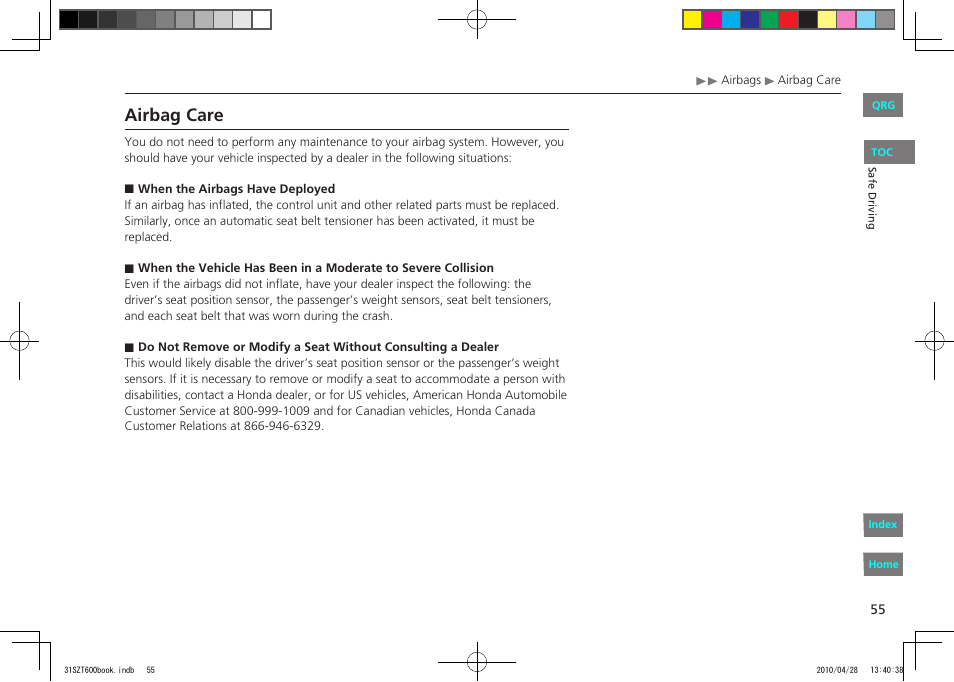 Airbag care | HONDA 2011 CR-Z - Owner's Manual User Manual | Page 56 / 332