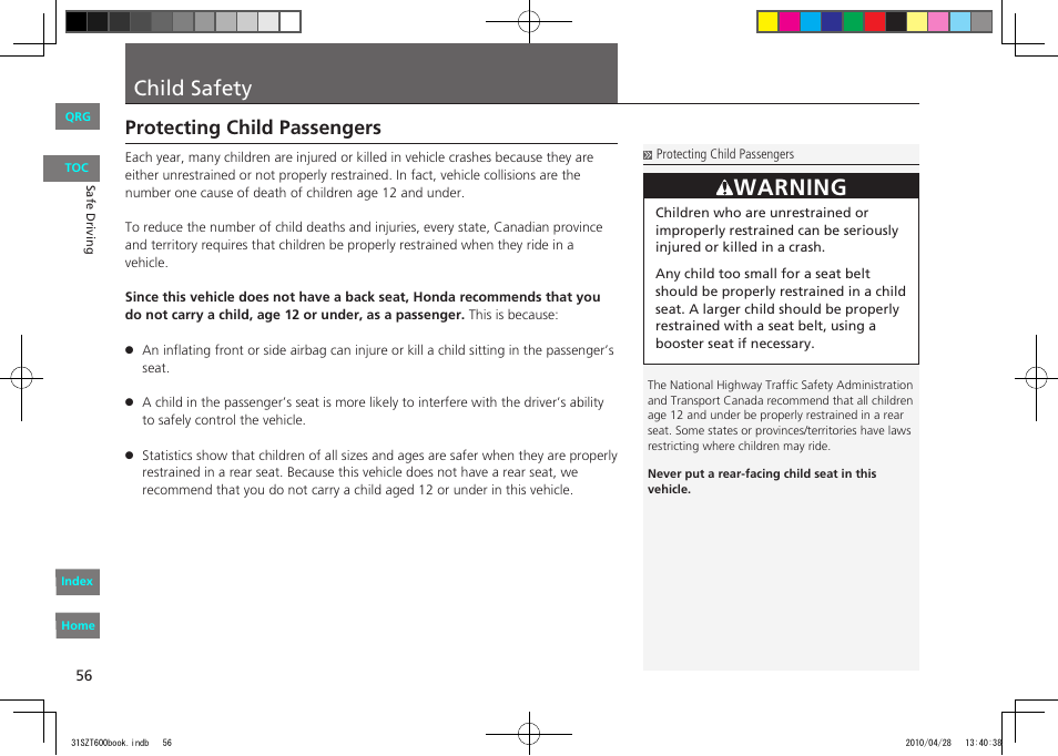 P.56, Child safety, Warning | Protecting child passengers | HONDA 2011 CR-Z - Owner's Manual User Manual | Page 57 / 332