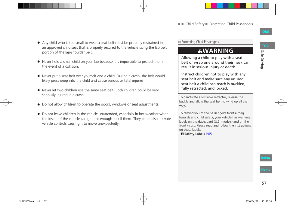 Warning | HONDA 2011 CR-Z - Owner's Manual User Manual | Page 58 / 332