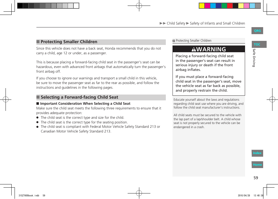 Warning | HONDA 2011 CR-Z - Owner's Manual User Manual | Page 60 / 332