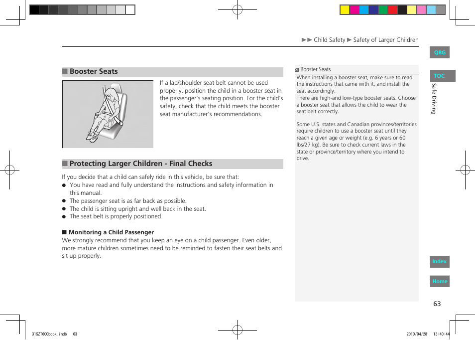 Booster seats, Protecting larger children - final checks | HONDA 2011 CR-Z - Owner's Manual User Manual | Page 64 / 332