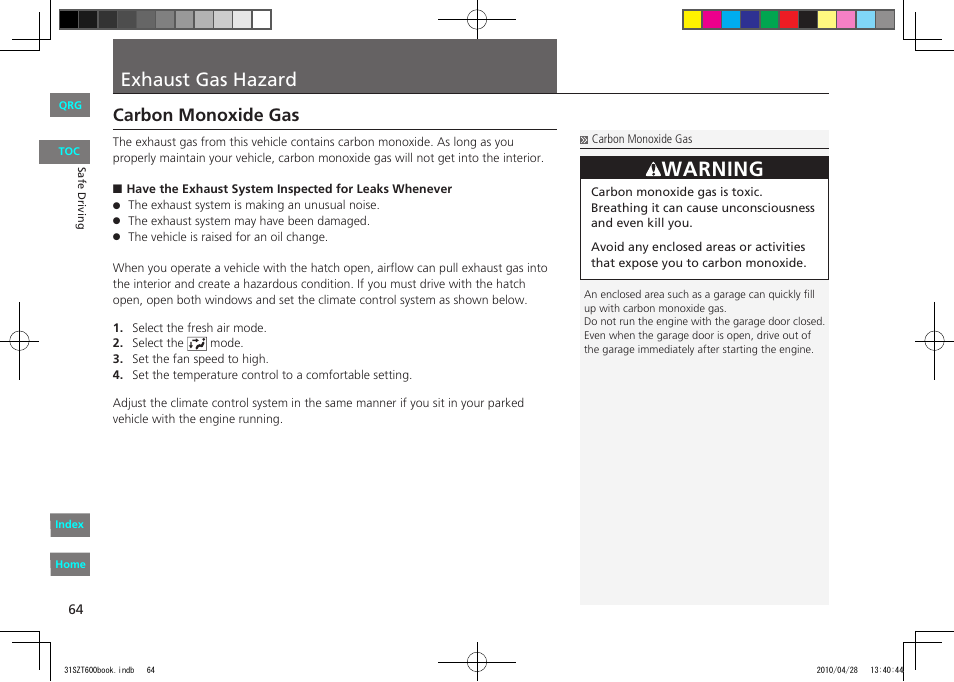 P.64, Warning, Exhaust gas hazard | Carbon monoxide gas | HONDA 2011 CR-Z - Owner's Manual User Manual | Page 65 / 332