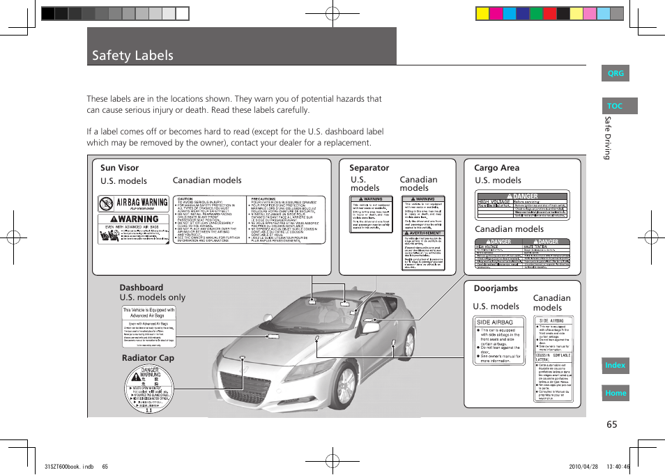 P. 65, Safety labels | HONDA 2011 CR-Z - Owner's Manual User Manual | Page 66 / 332