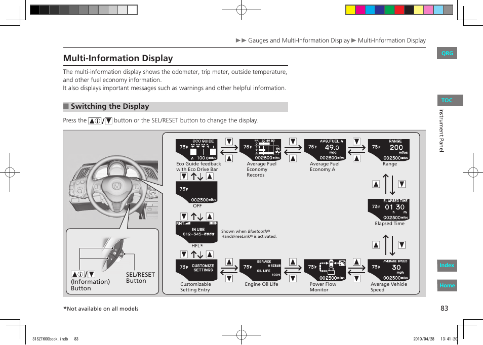 P.83, Multi-information display, Switching the display | HONDA 2011 CR-Z - Owner's Manual User Manual | Page 84 / 332