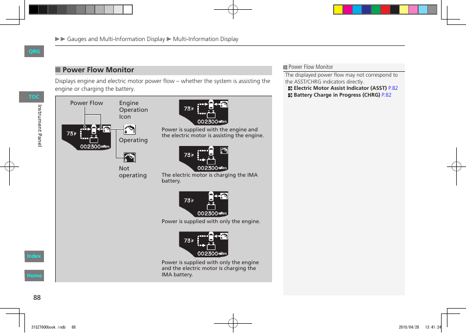 Power flow monitor | HONDA 2011 CR-Z - Owner's Manual User Manual | Page 89 / 332